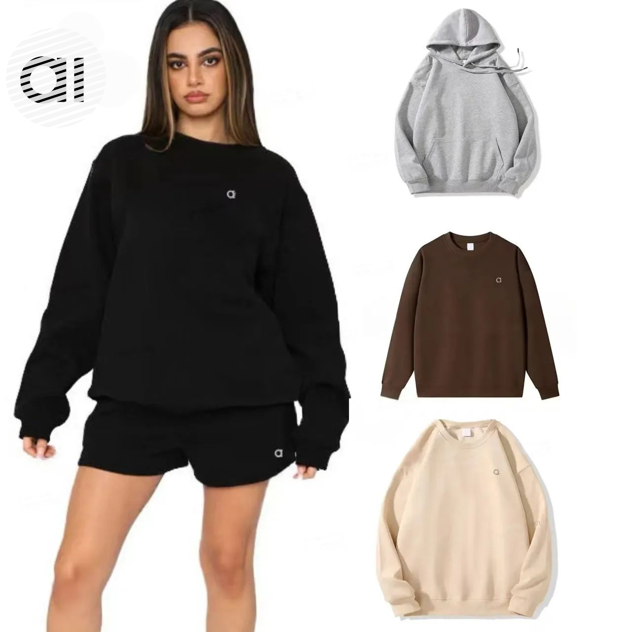 alonessity Yoga Hoodie Women Yoga Perfectly Oversized Sweatshirts 3D Logo Sweater Loose Long Sleeve short aloalosets women clothes Workout Crew Neck Blouse Gym