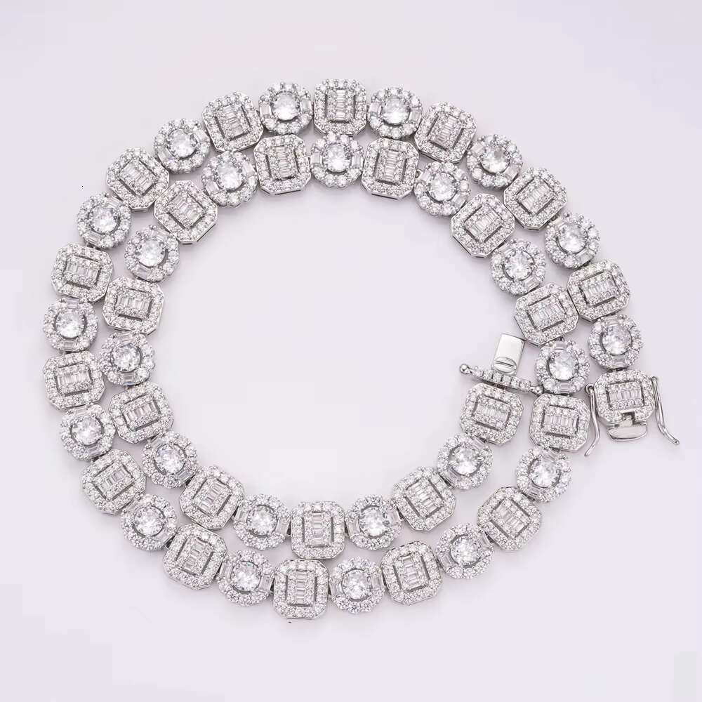Hip Hop American Street Rap Style Fine Jewelry 925S Silver Square Moissanite Rock Full of Diamond Tennis Chain Necklace