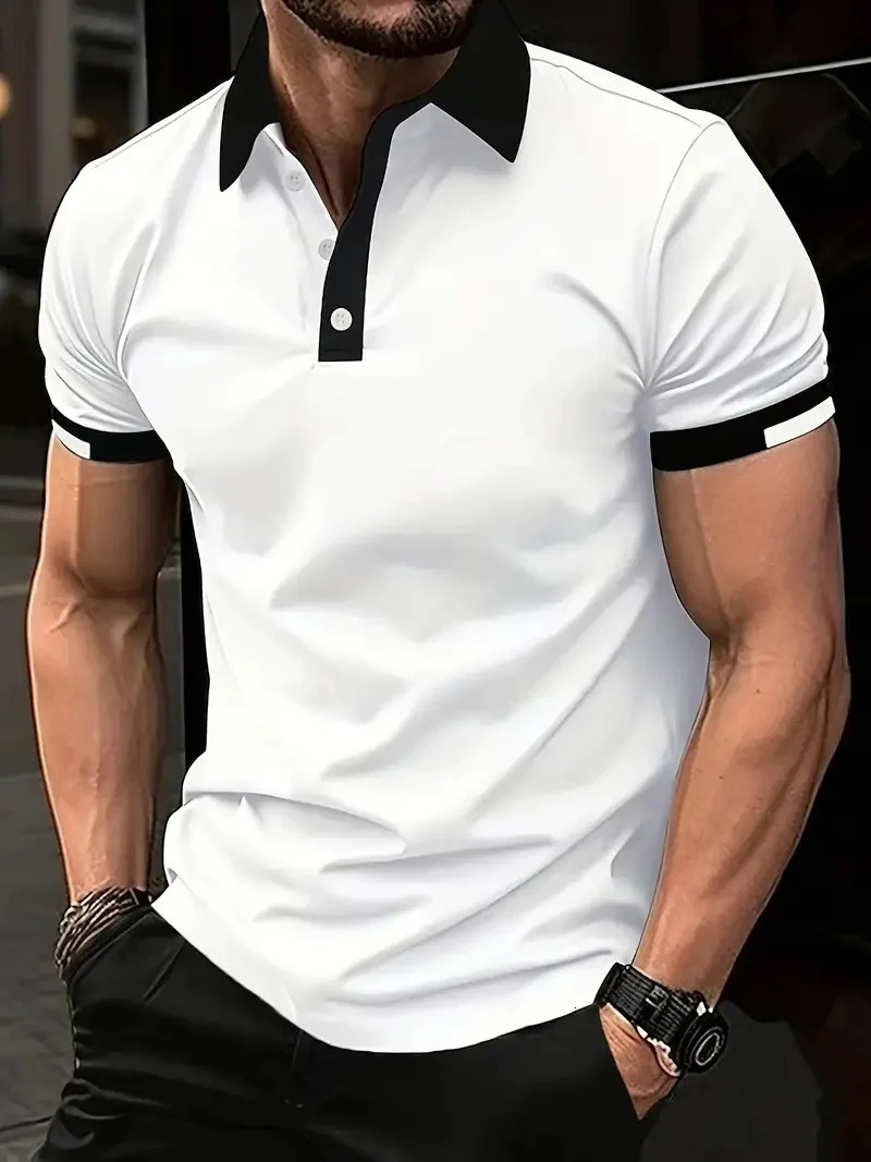Summer mens casual short sleeved polo shirt solid color lapel business fashionable breathable comfortable short sleeved Tshirt 250411