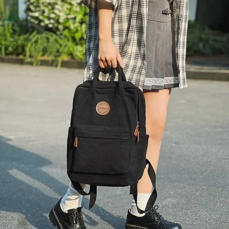 Casual Corduroy Backpack for Teens 14 Laptop Compartment High School College Bag with Zipper Pocket Backpacks for SchoolW251114