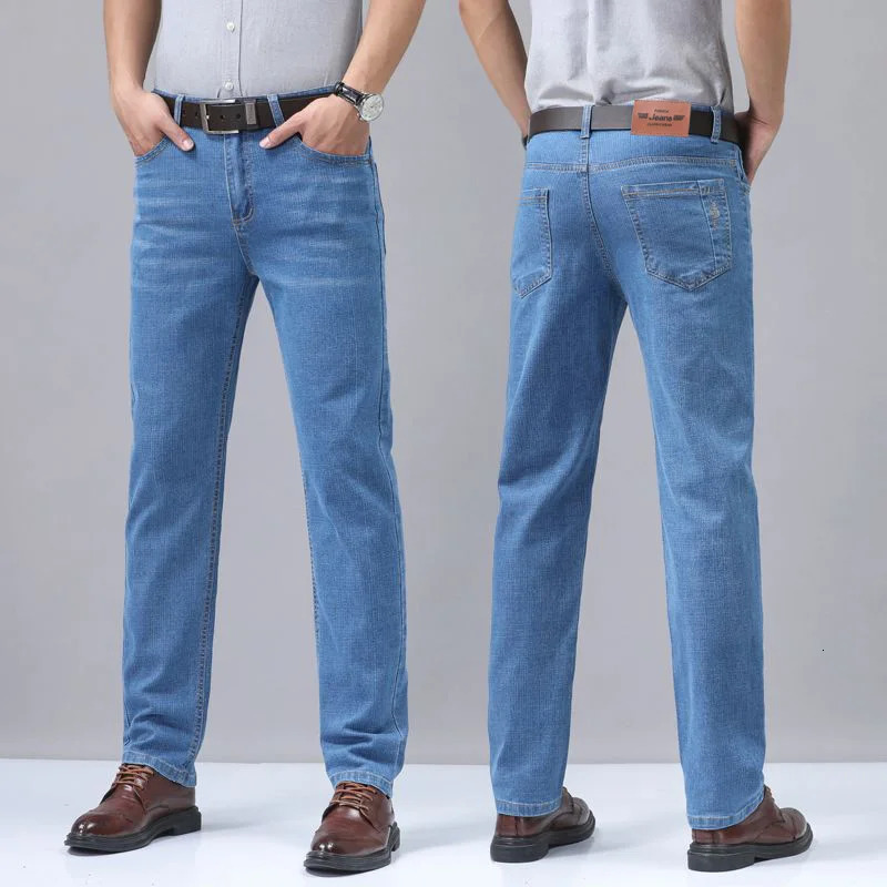 Summer thin mens elastic cotton jeans fashion sky blue comfortable business straight casual pants wear Trouser 250407