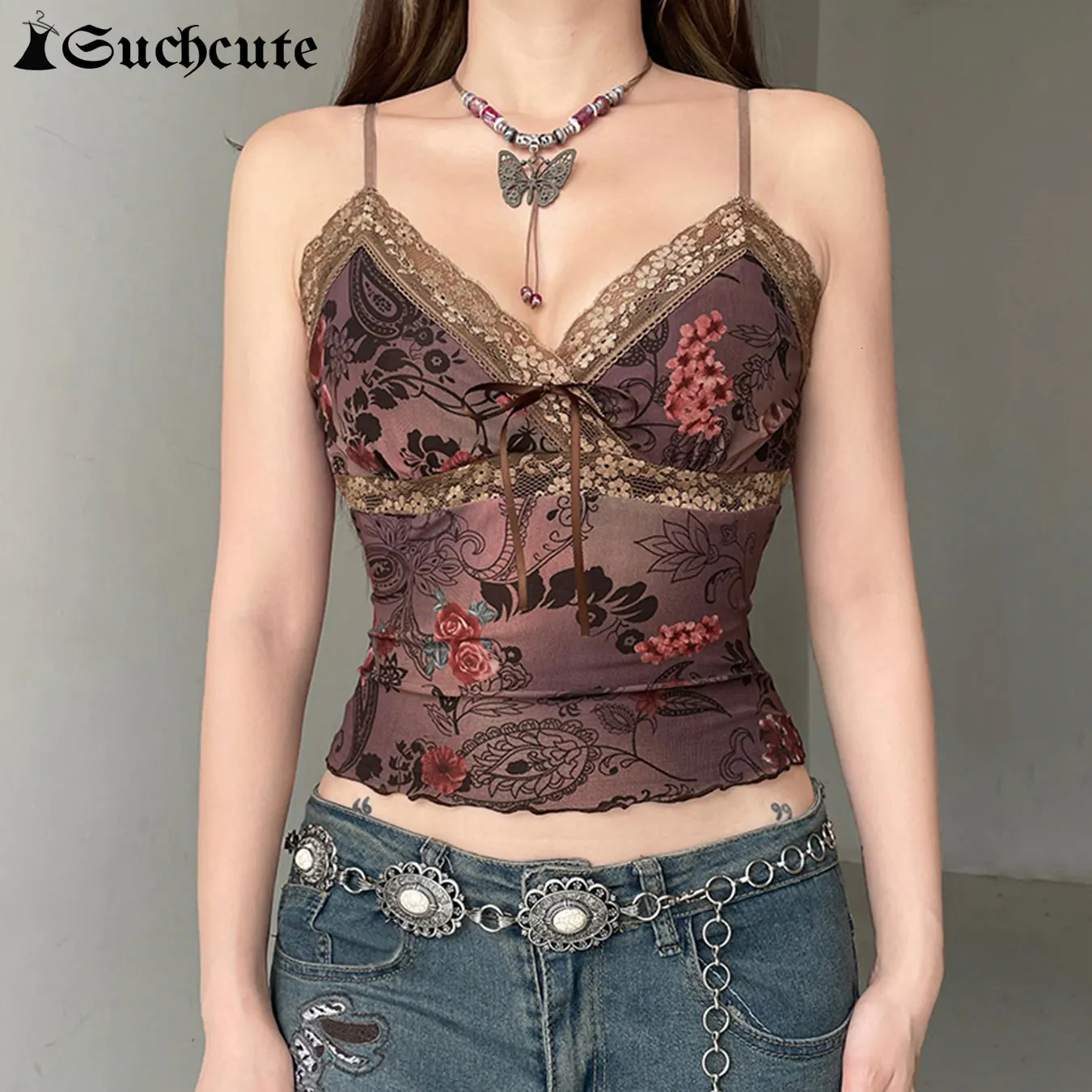 SUCHCUTE Retro Printed Mesh Camisol Fairycore Lace Up Vneck Crop Top Y2K Aesthetics 2000s Summer Slim 250414Z