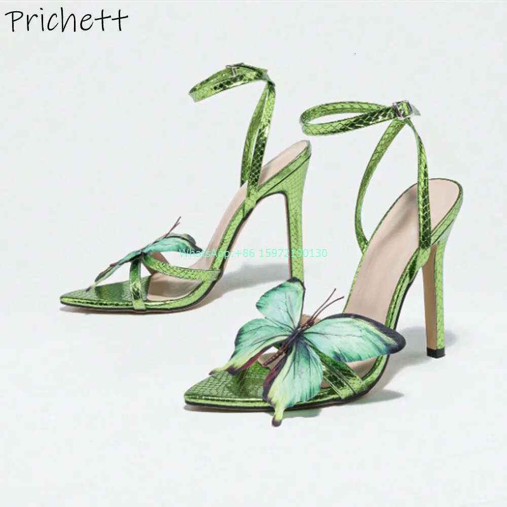 Green Butterfly Thin Heels Sandal Pointy Toe Ankle Band Sgback Belt Stiletto Summer Vocation Party Women Shoes 2024