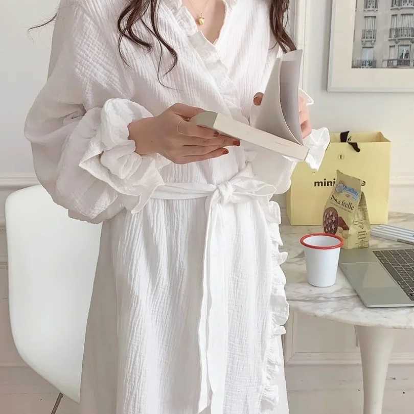 Simple Long-Sleeved Robe Female Spring and Autumn New Sweet Ins Wind Ruffled Thin Section of Solid Colour Pajamas Home Wear C251115