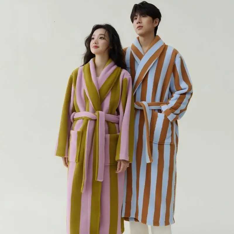 2025 New Autumn/Winter Womens Sleepwear Thick Velvet Warm Robe Couple Coral Velvet Striped Lengthed Home Clothes Bathrobe C251115
