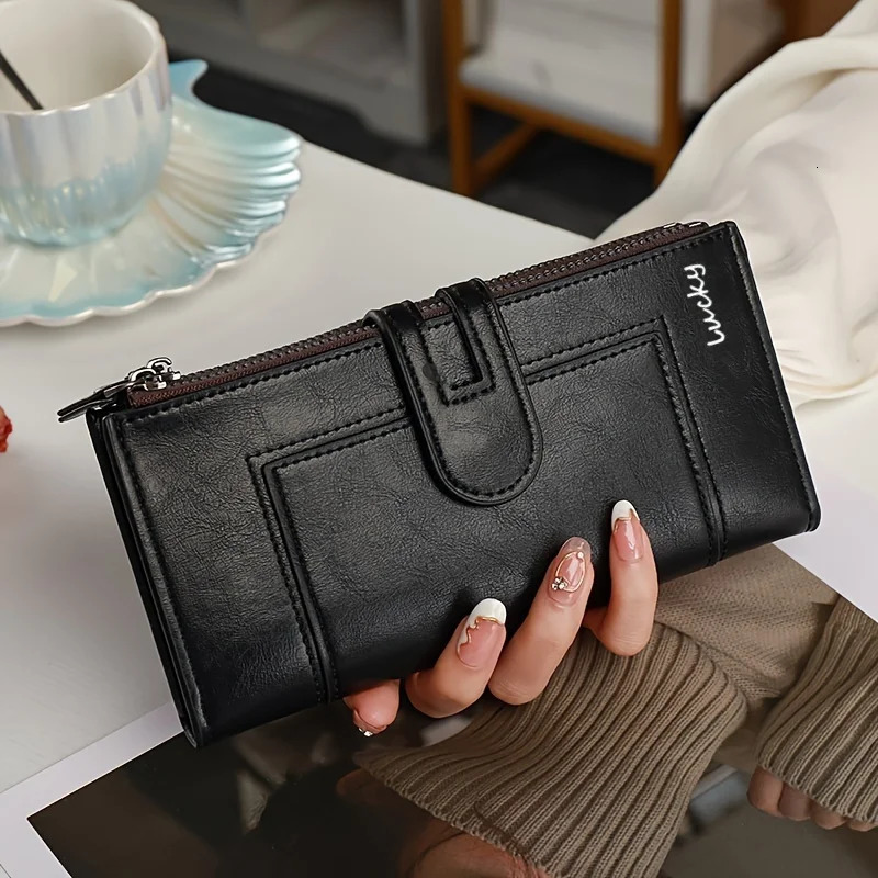 Solid color PU long wallet dual zipper and magnetic buckle lightweight coin wallet smallest retro style wallet 250410