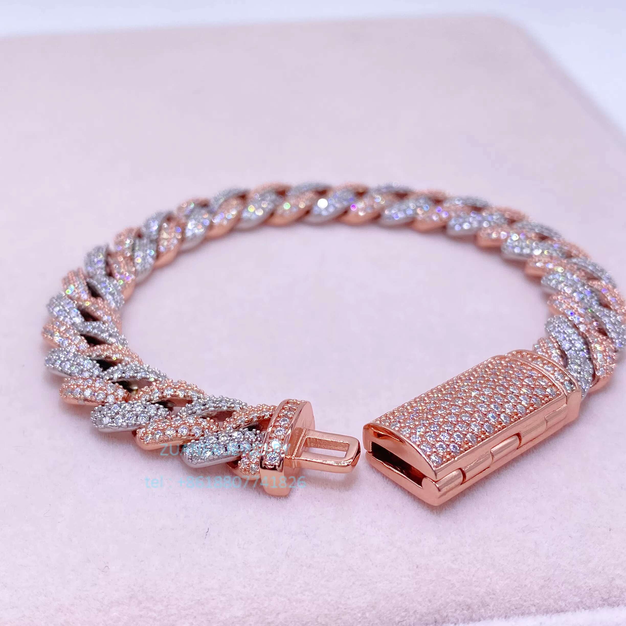 Rose Gold 2 Tone Vvs Moissanite Diamond 10mm Thick Sterling Silver Cuban Link Chain Bracelet