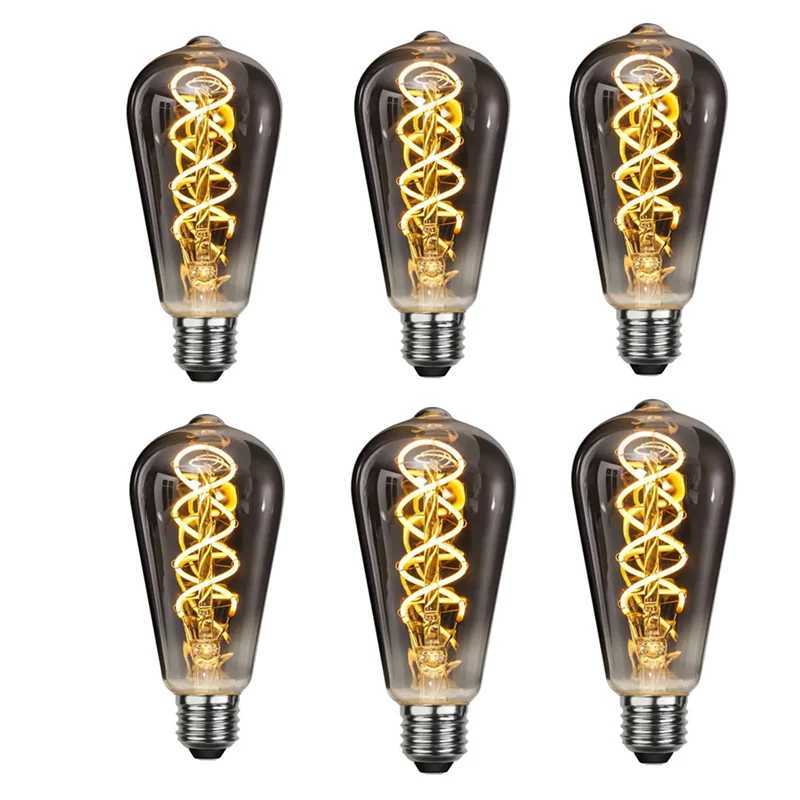 6PCS LED ST64 Smoky Gray E27 2700K Warm GSpiral Filament Bulb 4W 220V 110V Retro Vintage Decorative Lighting Dimmer Edison Lamp C251115