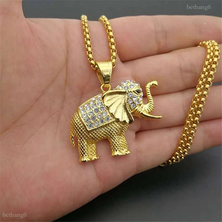 Iced Out Zircon Elephant Pendant Animal Necklace Jewelry Gold Color Stainless Steel Bling CZ Men's Hip Hop Pendant For Women