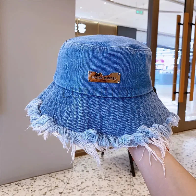 Summer unisex tassel washed denim bucket hat for women fashionable wide brown foldable Panama hat outdoor beach fisherman hat 250409