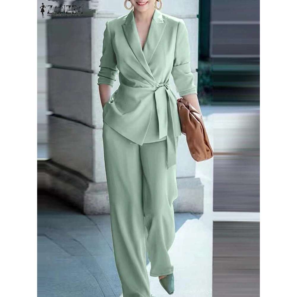 ZANZEA Classy Office Lady Blazer Suits Elegant Women Tied Waist Top And 2Pcs Outfit 2025 Trend Streetwear Commute Pant Sets