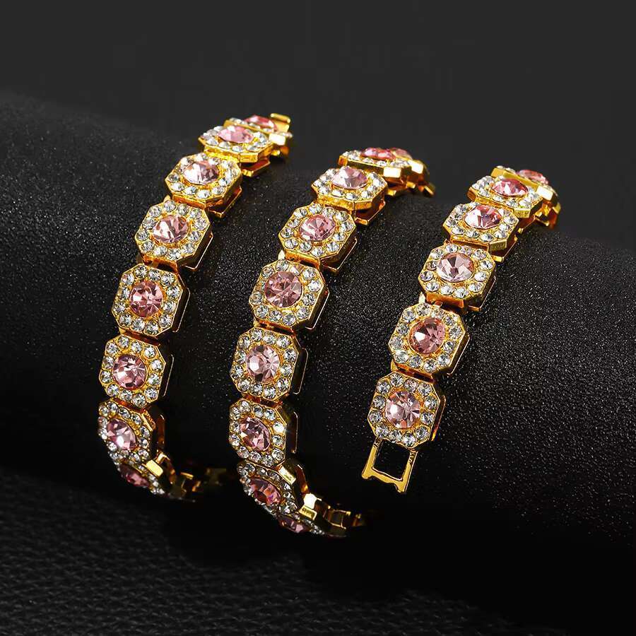 DHcollection 13mm Gold Pink Miami Necklace, Zinc Alloy Square Rock Sugar Chain