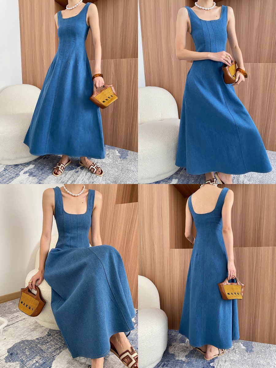 G2145 High Quality New Style Reversible Square Neck French Split Line Waist Denim Dress