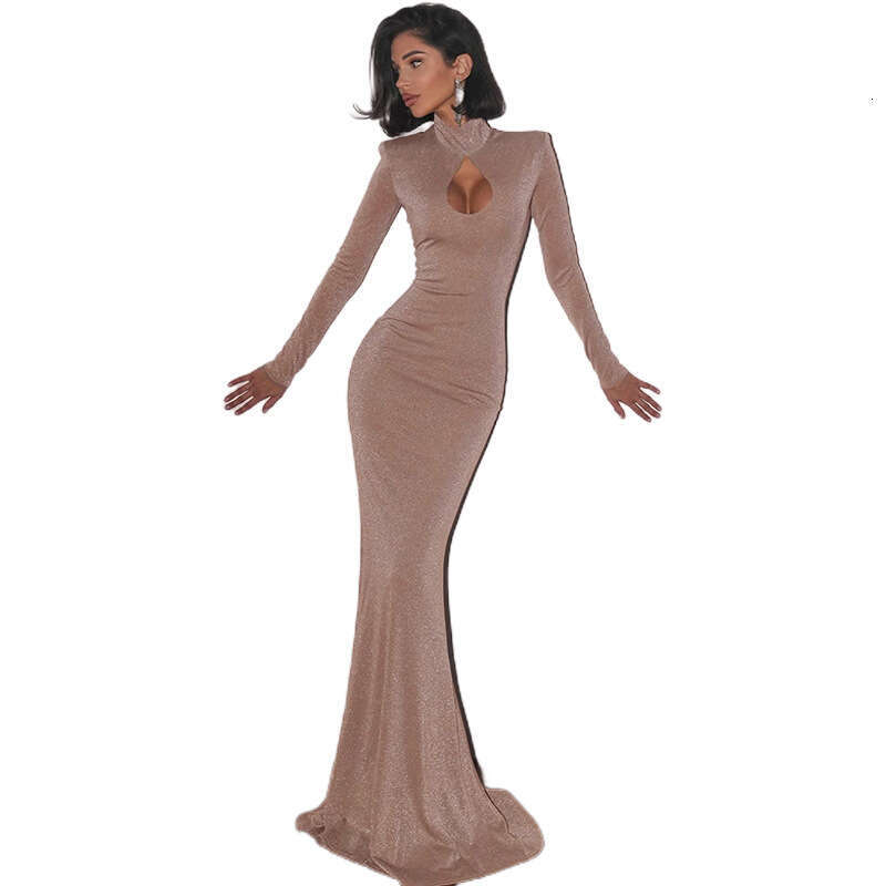 Women's Wear New Spring Women's Clothing Elegant Solid Color Bright Face Half High Collar Hollow Long Sleeve Hip Wrapping Dress