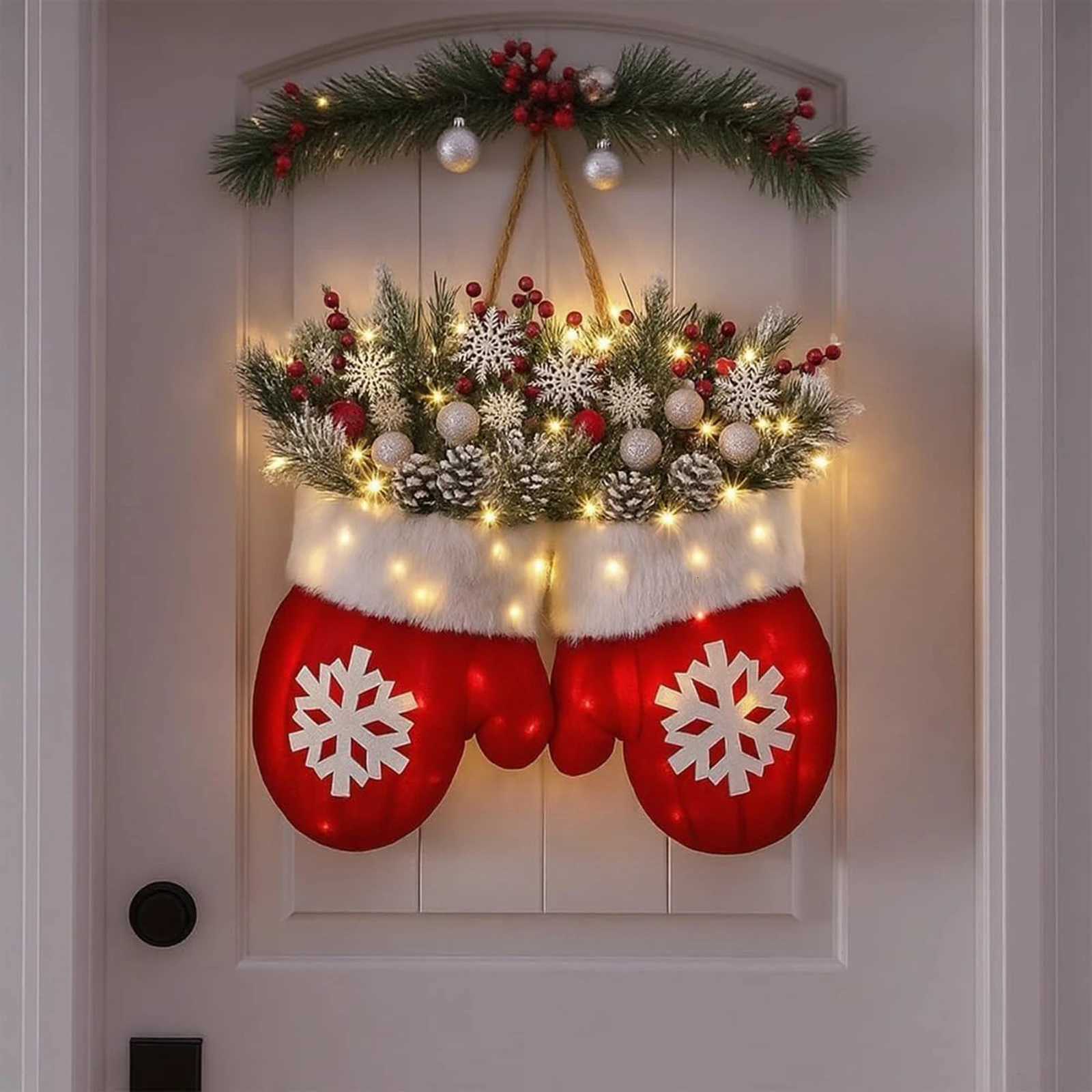 2025 Christmas Garland Luminous Simulated Flower Wreath Pendant Lovely Gloves Shaped Door Sign Navidad New Year Party DecorationM251115