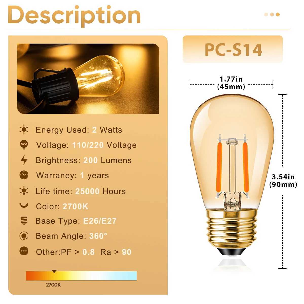 Plastics S14 Led Bulb E27 220V E26 110V Dimmer 2W Warm White Shatterproof Outdoor Vintage For String Light Garden Decoration C251115