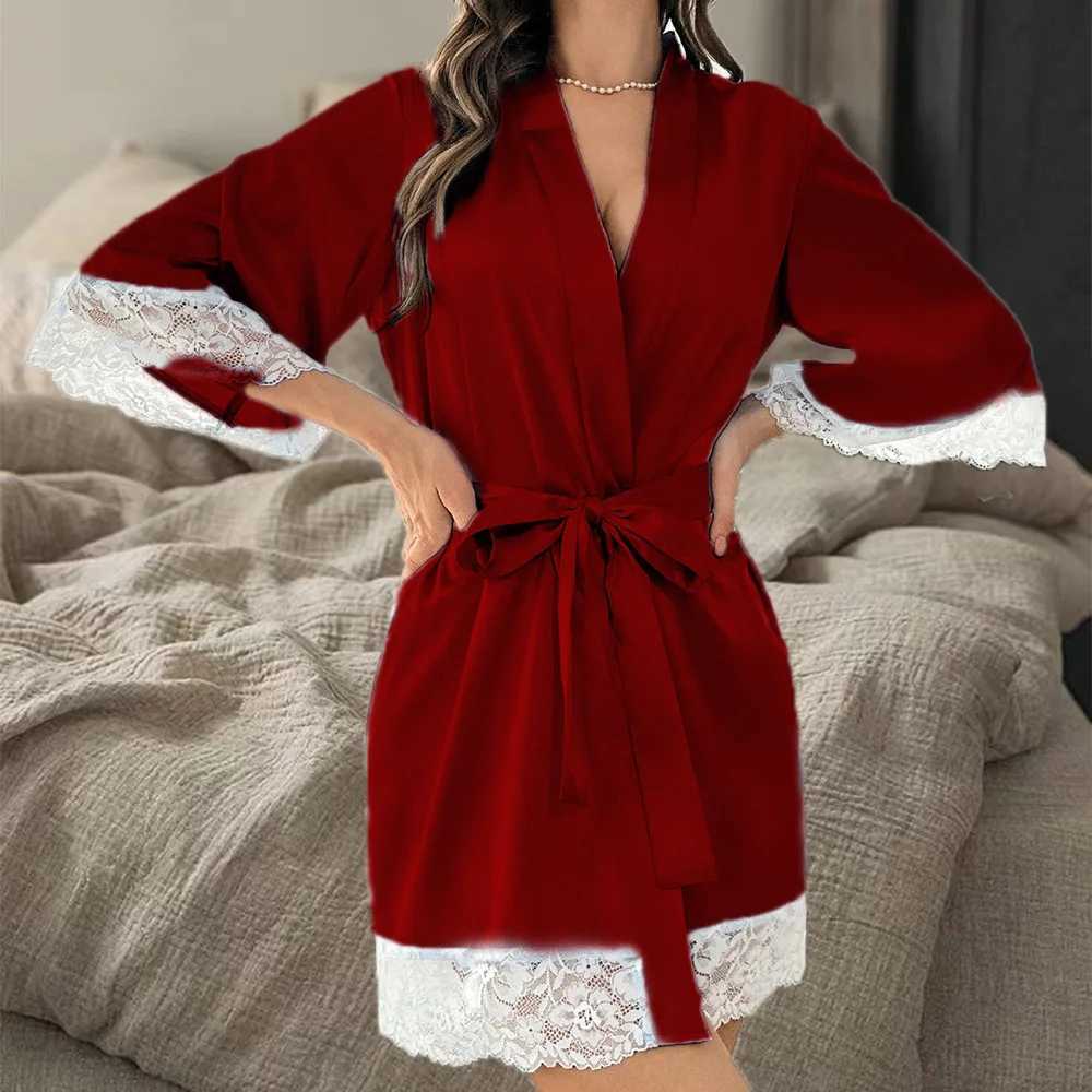 2025 New Ladies Elegant Satin Robe Lace Trim Kimono Short Sleepwear Nightgown V Neck Belted Bridal Loungewear Bridesmaid Gift C251115