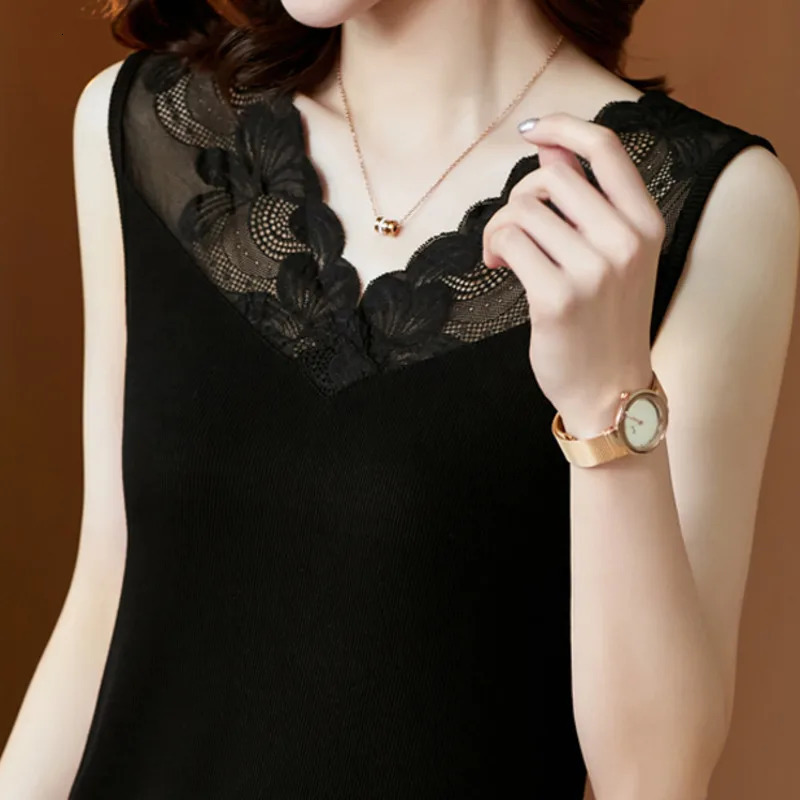 #1202 Black White Grey Khaki Short Tank Top For Women Lace V-neck Skinny Sleeveless T-shirt Female Hollow Out Office Tank Tops 250415