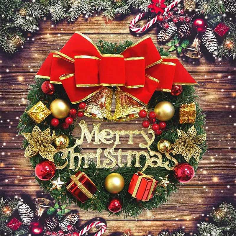Christmas Wreath Front Door Hanging Ornaments Artificial Wreath Bell Gift Box Bow Stars for Christmas Tree Home Windows DecorM251115