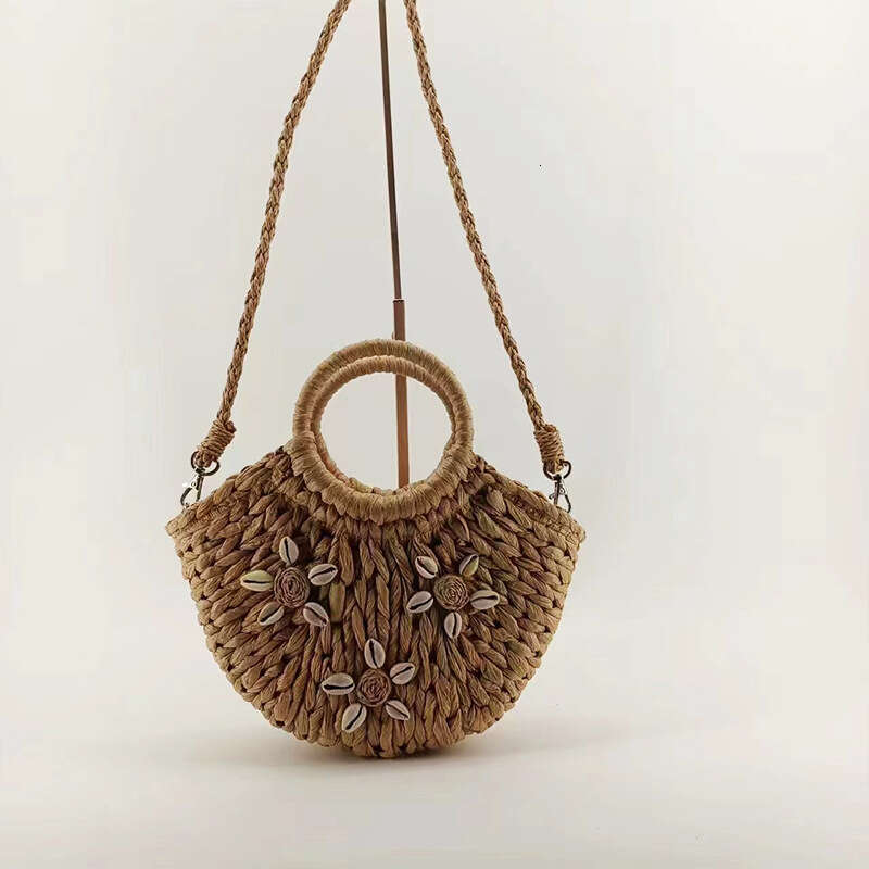 Handmade Beach Bag 2025 New Shoulder Straw Handheld Half Round Shell Handmade Woven For Women's Vacation Beach Bag Kq2