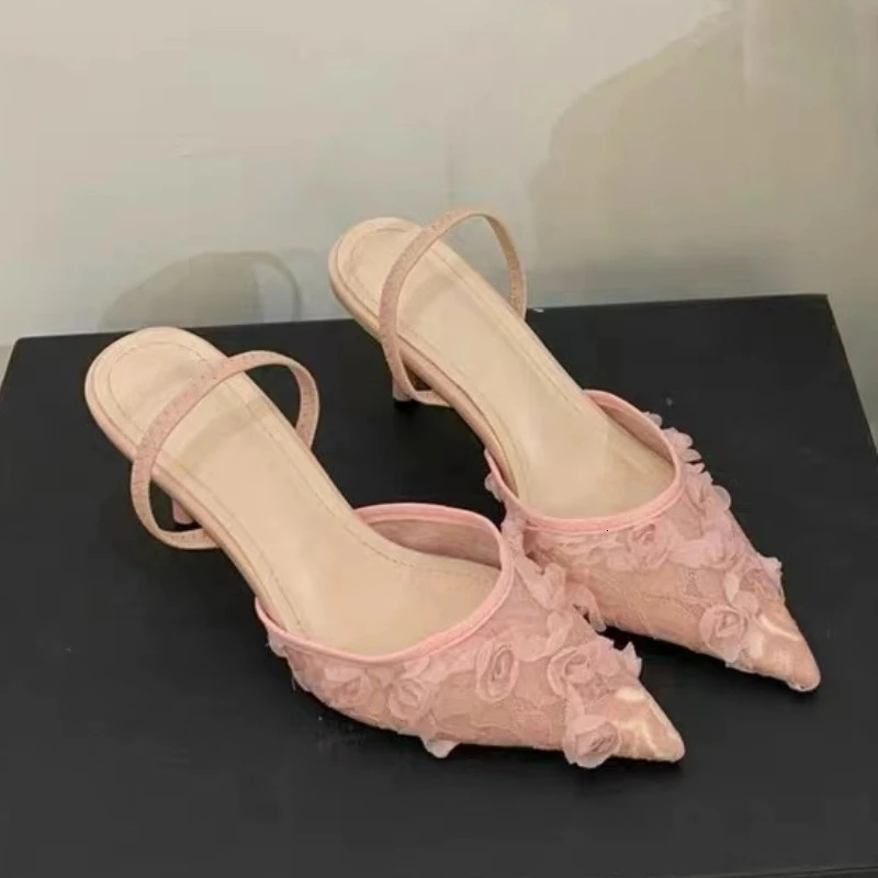 Flower high-heeled womens slider elegant pointtoe sandals Fad summer slider pump shoes dress fine high-heeled shoes women Zapatos 250411