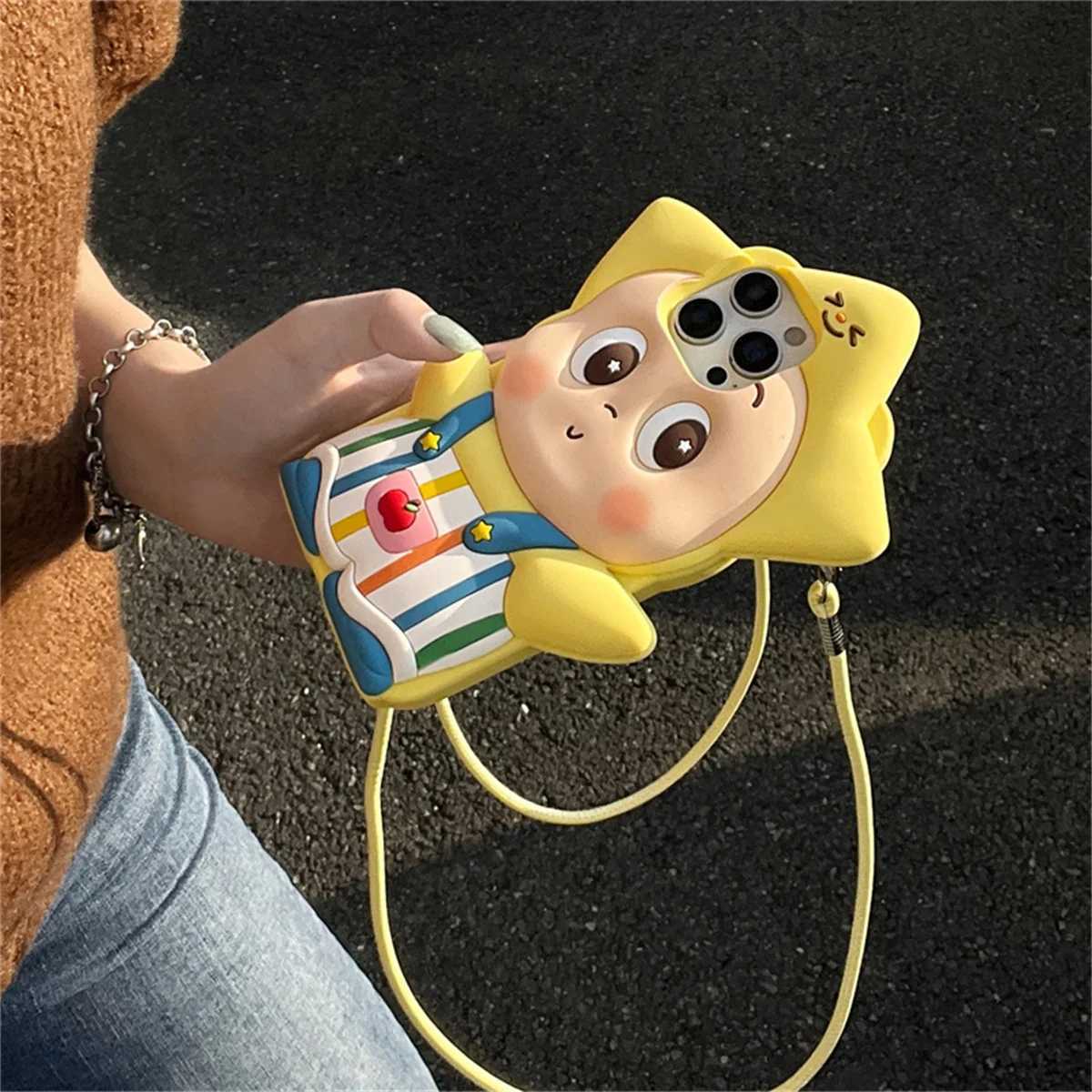 Kawaii Cartoon Star Baby Phone Case For iPhone 17 Pro 13 12 14 15 16 Pro Max Cover with Lanyard Soft Silicone Cute Cases J251202
