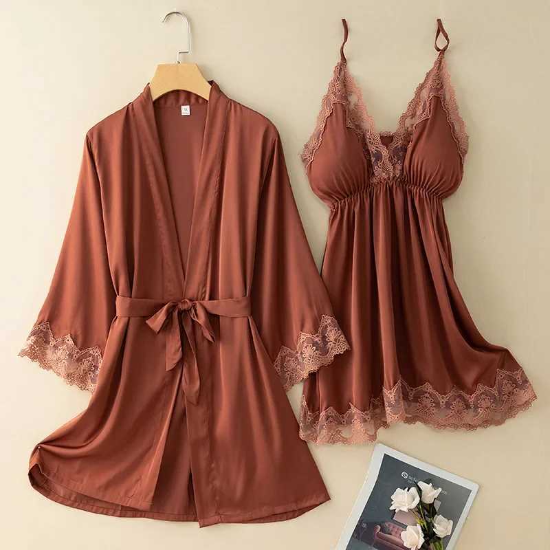 Spring Summer Women Robe Nightdress Sleepwear Two Piece Set Sexy Patchwork Lace Nightgown Kimono Bathrobe Loose Casual Home Wear C251115