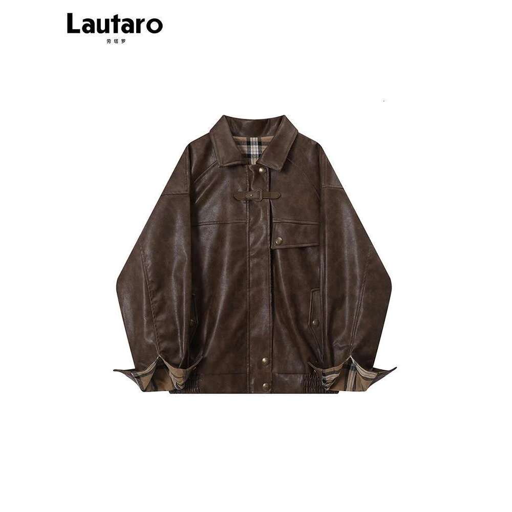 Designer Clothes Lautaro-Plaid Patchwork Pu Leather Jacket For Women, Oversized, Soft, Reversible, Long Sleeve, Designer Clothing, Spring