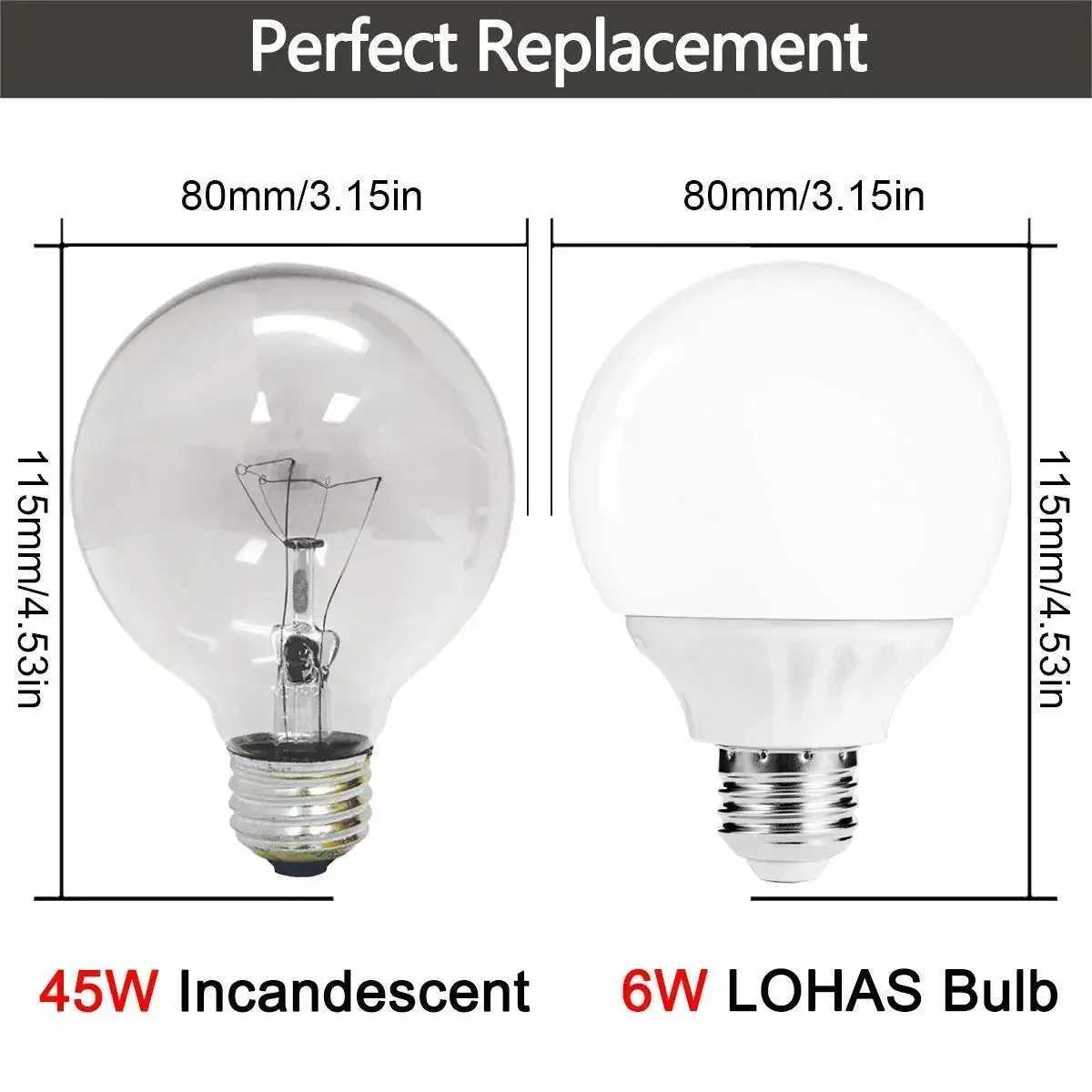 Melery E26 LED Bulbs Globe G80 Vanity Light Lamp Warm Daylight White 6000K 45W Equivalent 6W Bulb Bedroom Washroom Mirror 3Pack C251115