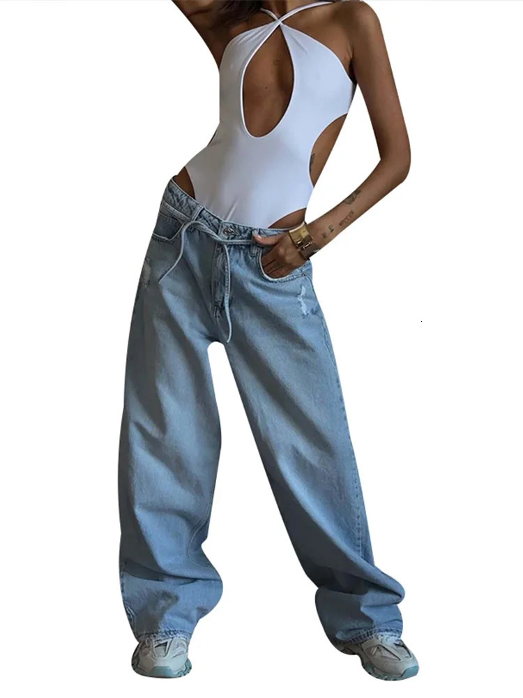 Light blue lace elastic low rise womens jeans loose fit wide legs drag and drop full-length denim pants summer Trouser 250415