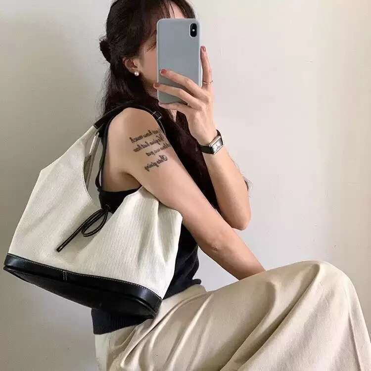 Bow Denim Canvas Panels One Shoulder Armpit Tote Lazy Style Casual Large Capacity Bag Women