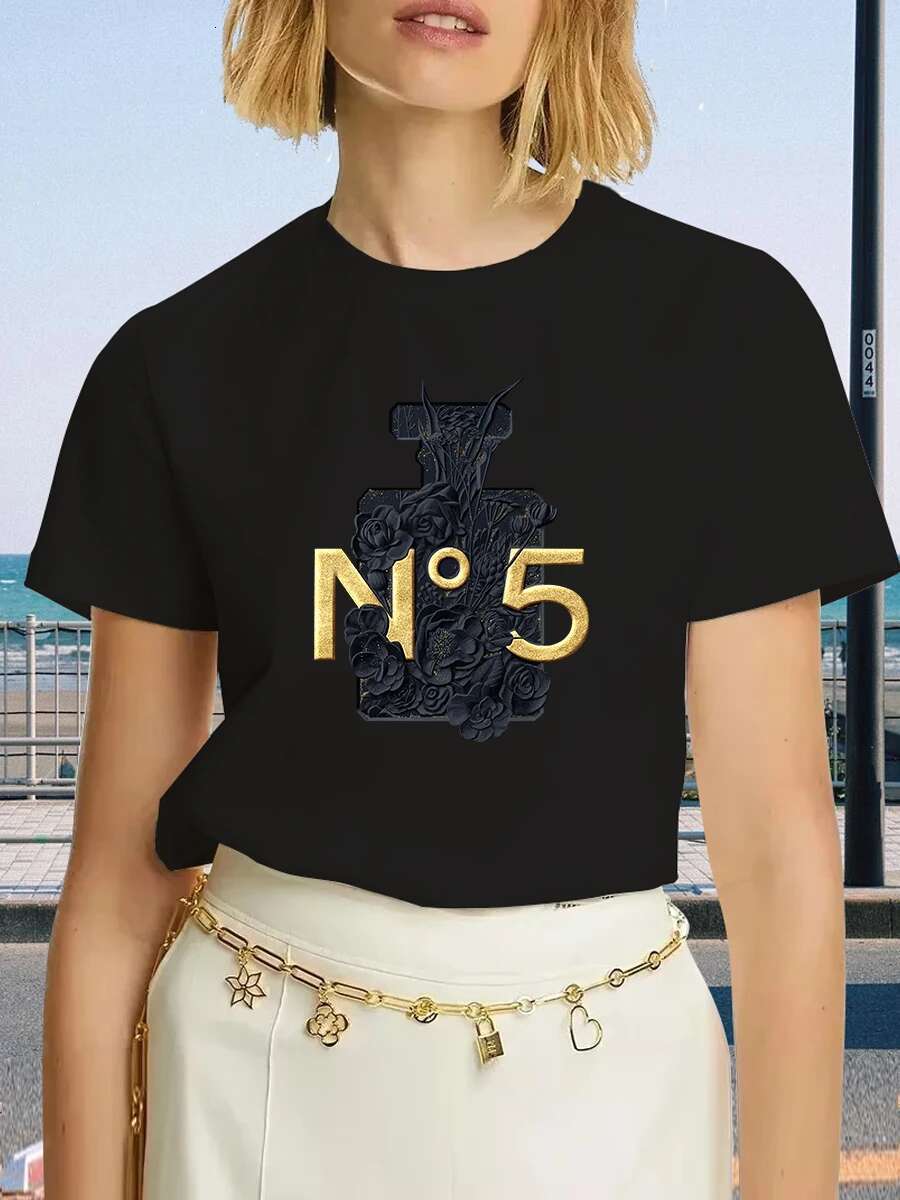 Brand Fashion Black Perfume Surrey Printed Crew Neck Clothing Short Sleeve T-Shirt Trend Women's Summer Y2K Top
