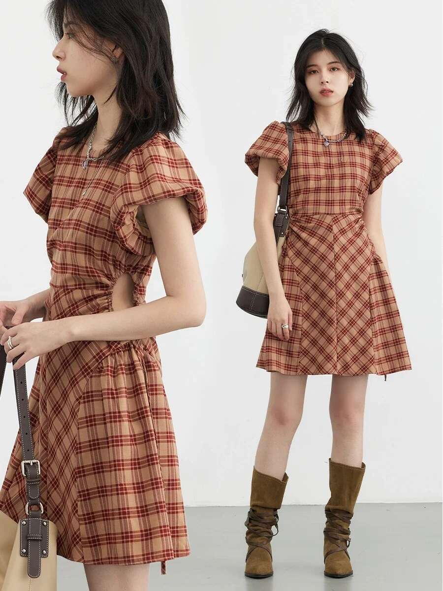 CHIC VEN Korean Style Women Dresses A-E Retro High Waisted Design Plaid Bubble Sleeve Girl Dress Drawstring Woman 2023 Trend