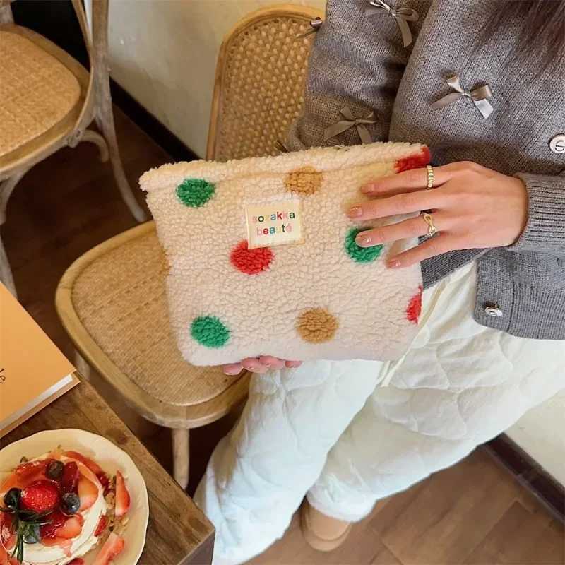 New color striped dot plush makeup bag large capacity makeup bag toilet bag travel outdoor makeup storageXJ250415
