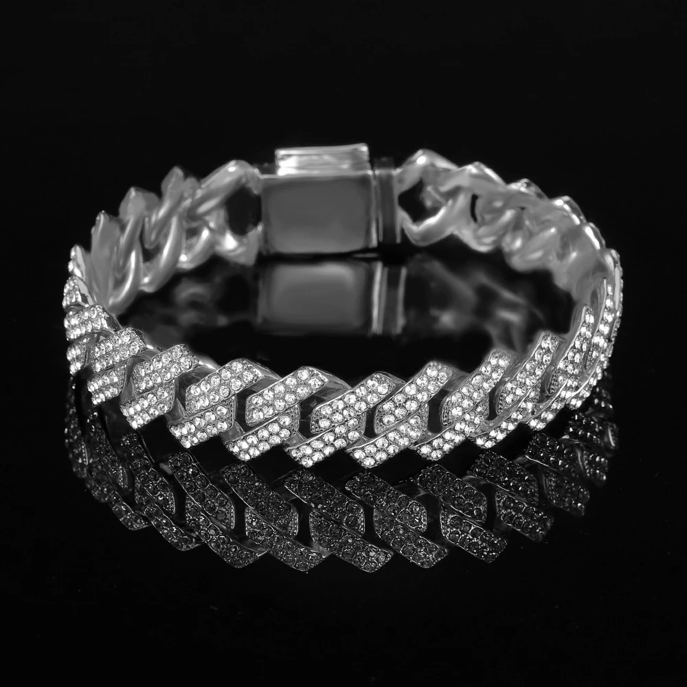 High-Quality 51g Hip Hop Full Stone Bling Iced Out Pave Mens Bracelet Miami Cuban Link Chain Bracelets for Men Jewelry 250414