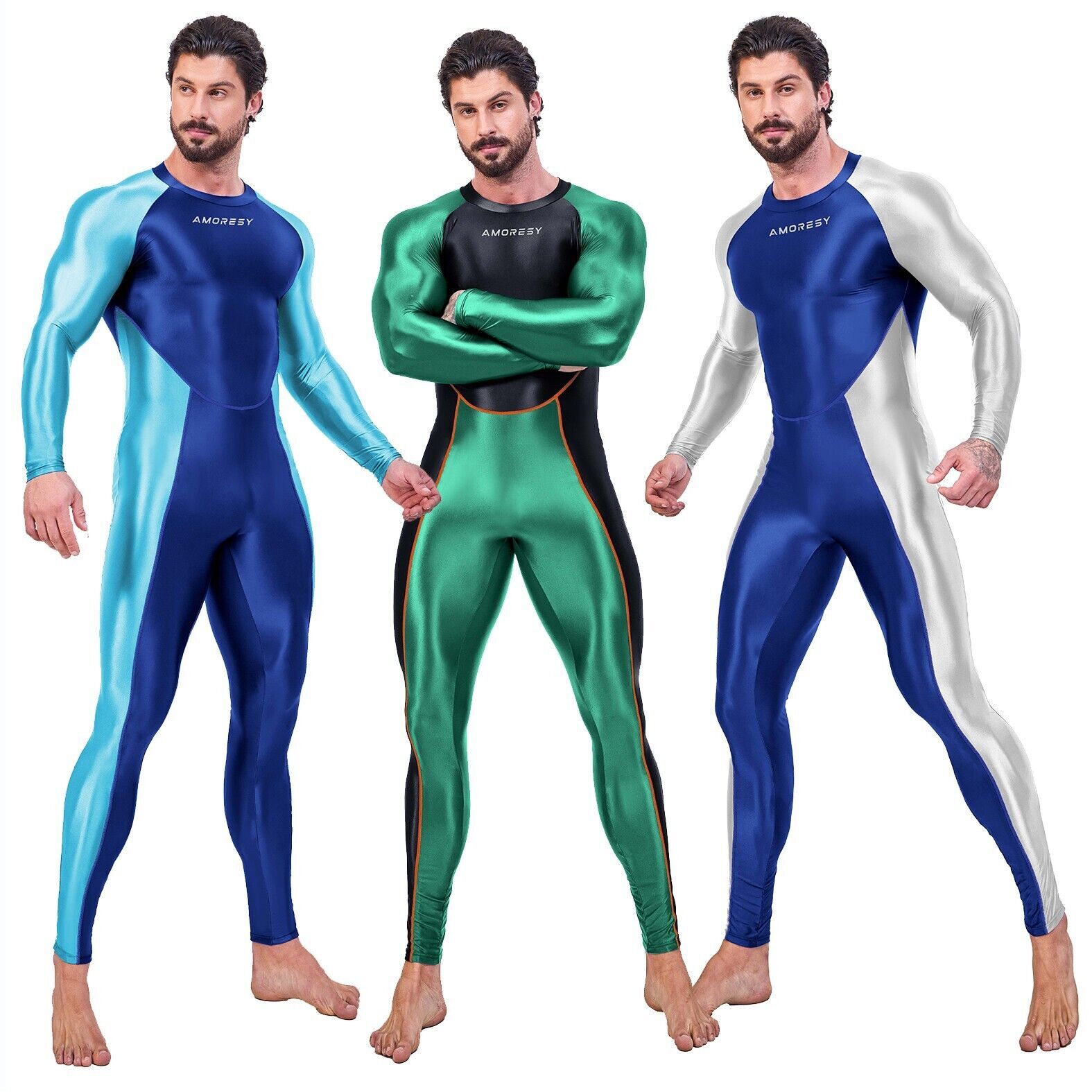 Men's Shiny AMORESY Glossy Bodysuit Jupsuits Fiess Overalls Sportswear Tights