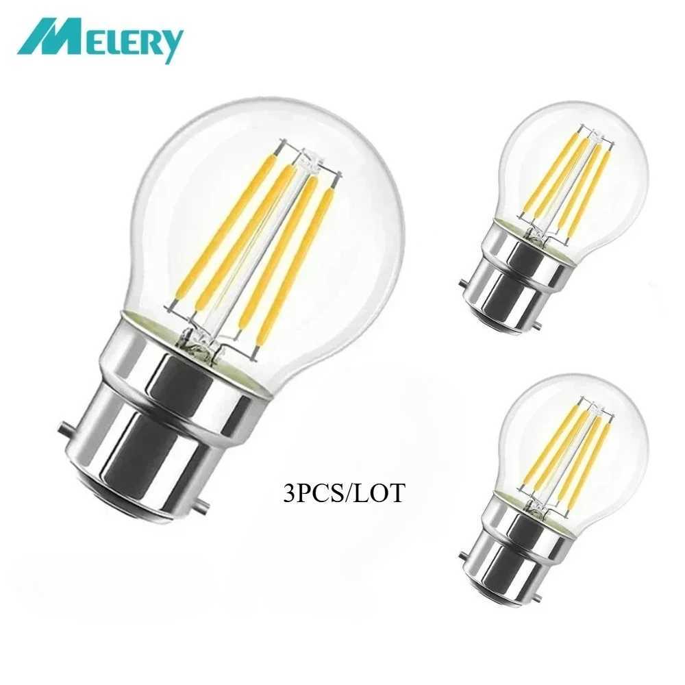 Melery B22 Filament LED Light Bulb 4W Incandescent Bayonet Lamp G45 2700K Warm White Replacement 40W Rustic Clear Energy A 3PACK C251115