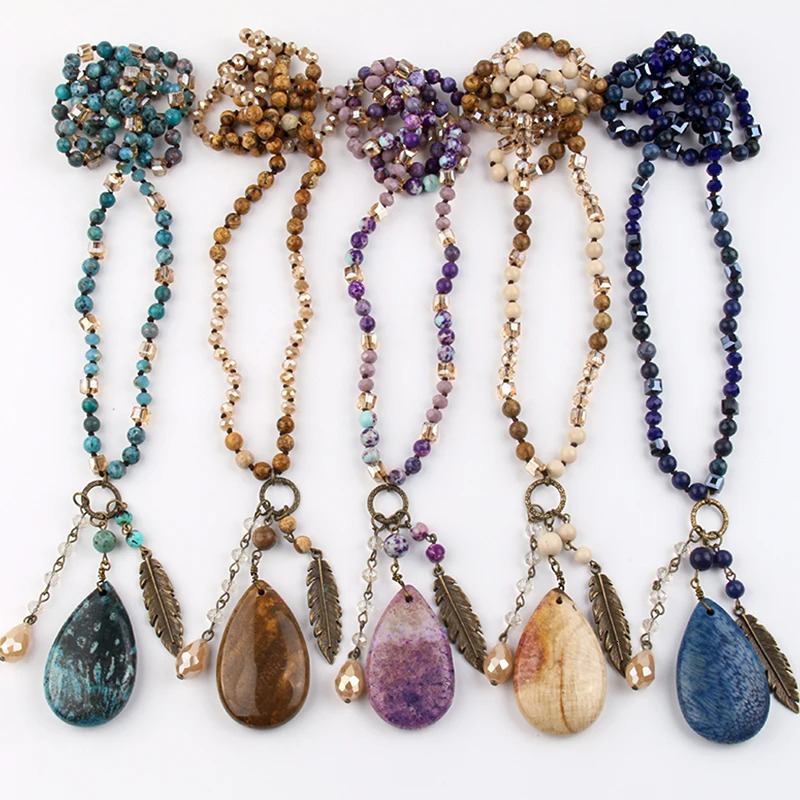 Fashionable Bohemian jewelry accessories with over 6mm glass/stone knot featuring a stone Dorp pendant necklace suitable as a gift for women 250409