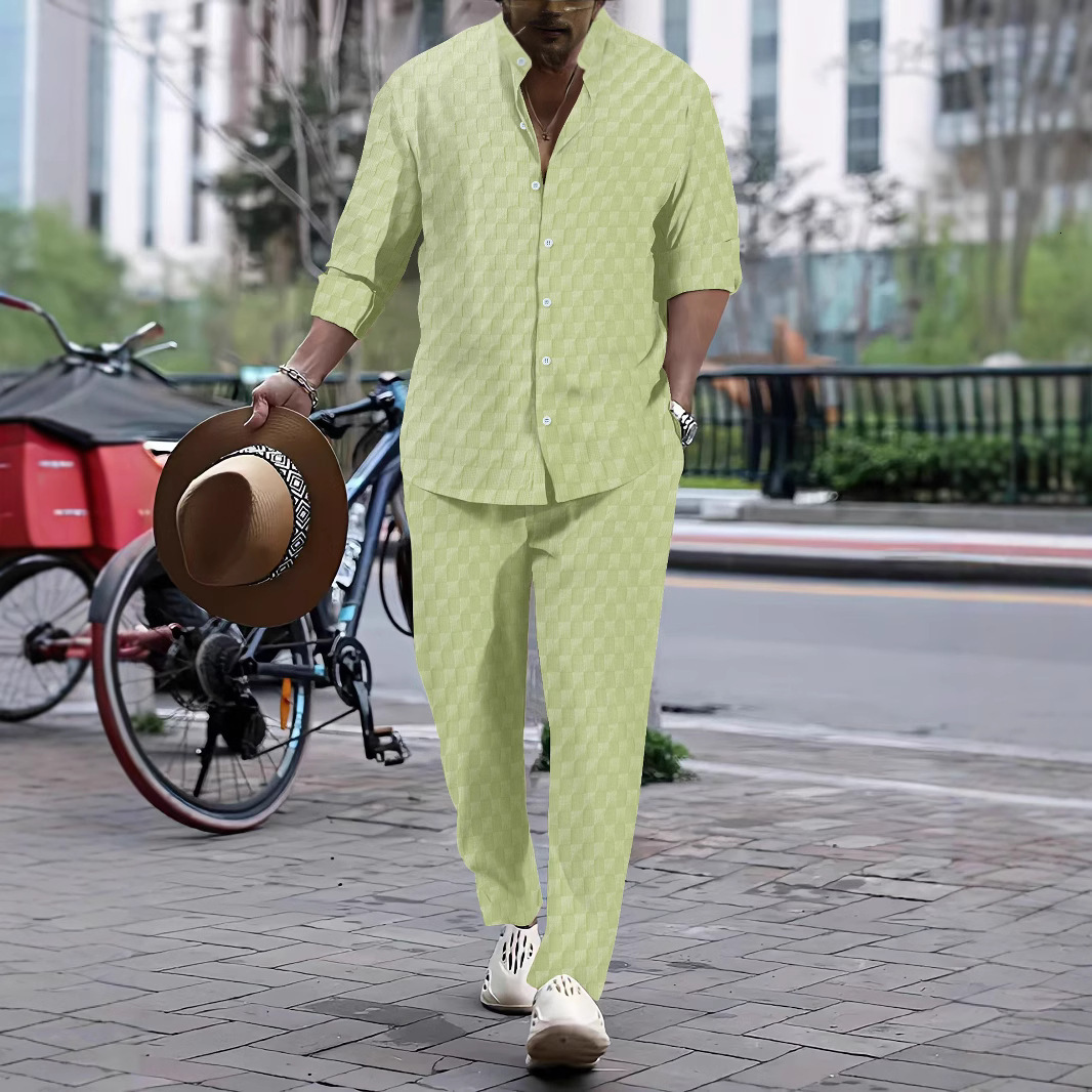 Spring and Autumn Mens Checkered Henli Collar Shirt Pants Trendy Casual Sports Set