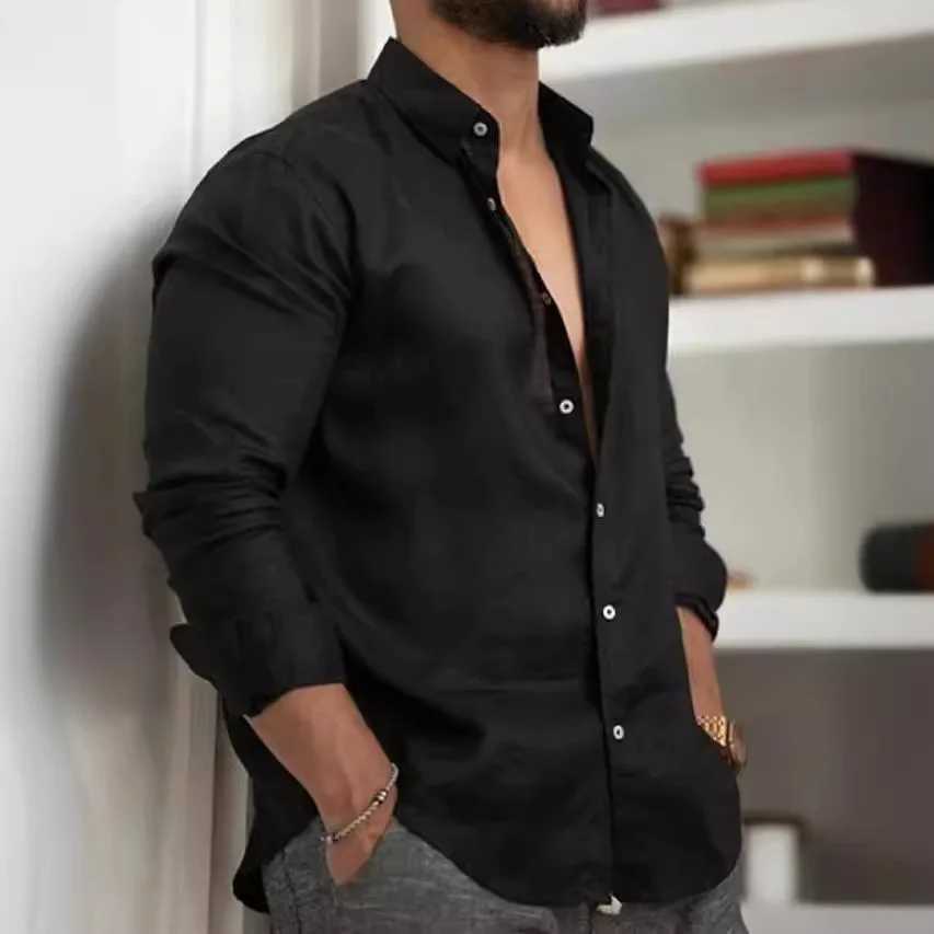 Solid color cotton linen plain weave shirt mens IC button lapel long seven piece shirt spring and summer fashion loose mens top W250415
