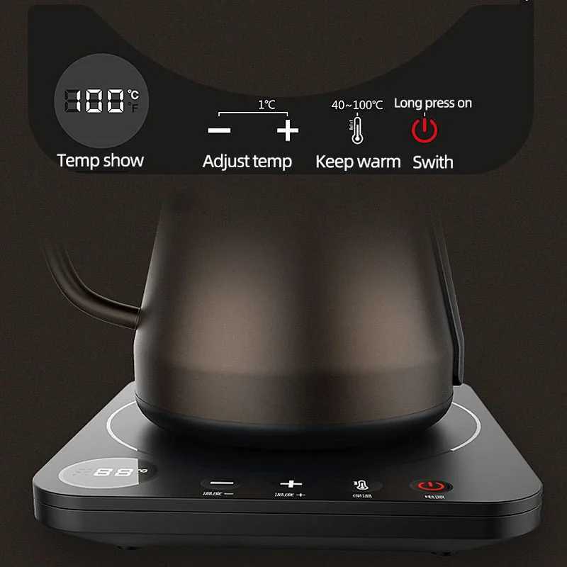 800ml Gooseneck Electric Kettle Hand Brew Coffee Pot Smart Teapot Household Thermo Pot Temperature-Control Heating Water Bottle Y251114