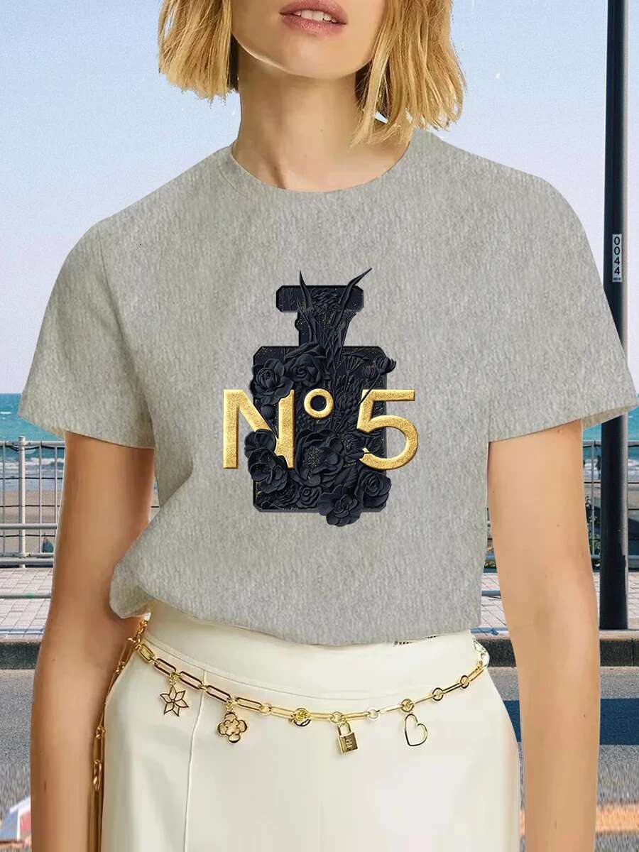 Brand Fashion Black Perfume Surrey Printed Crew Neck Clothing Short Sleeve T-Shirt Trend Women's Summer Y2K Top