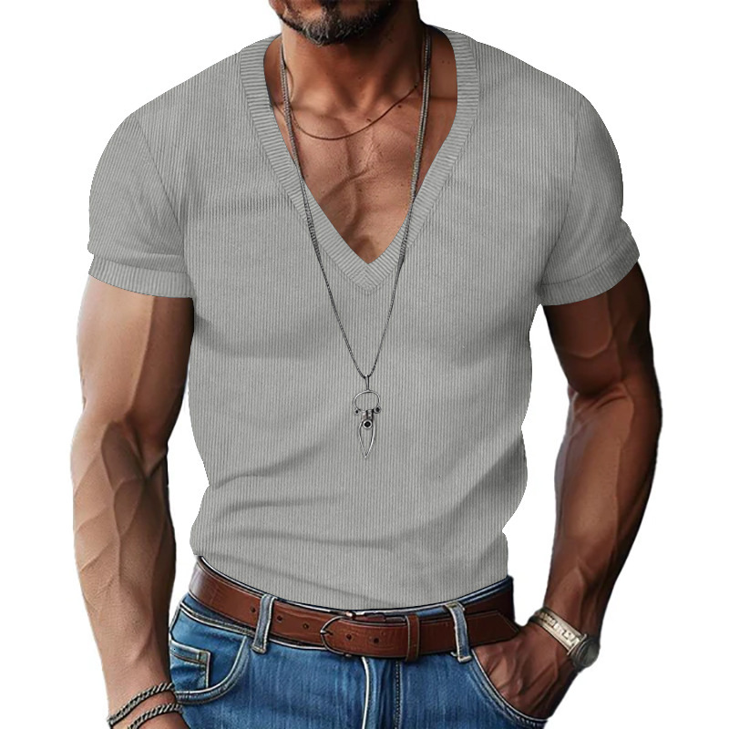 Men's corduroy short sleeved summer V-neck solid color slim fit casual T-shirt men's top