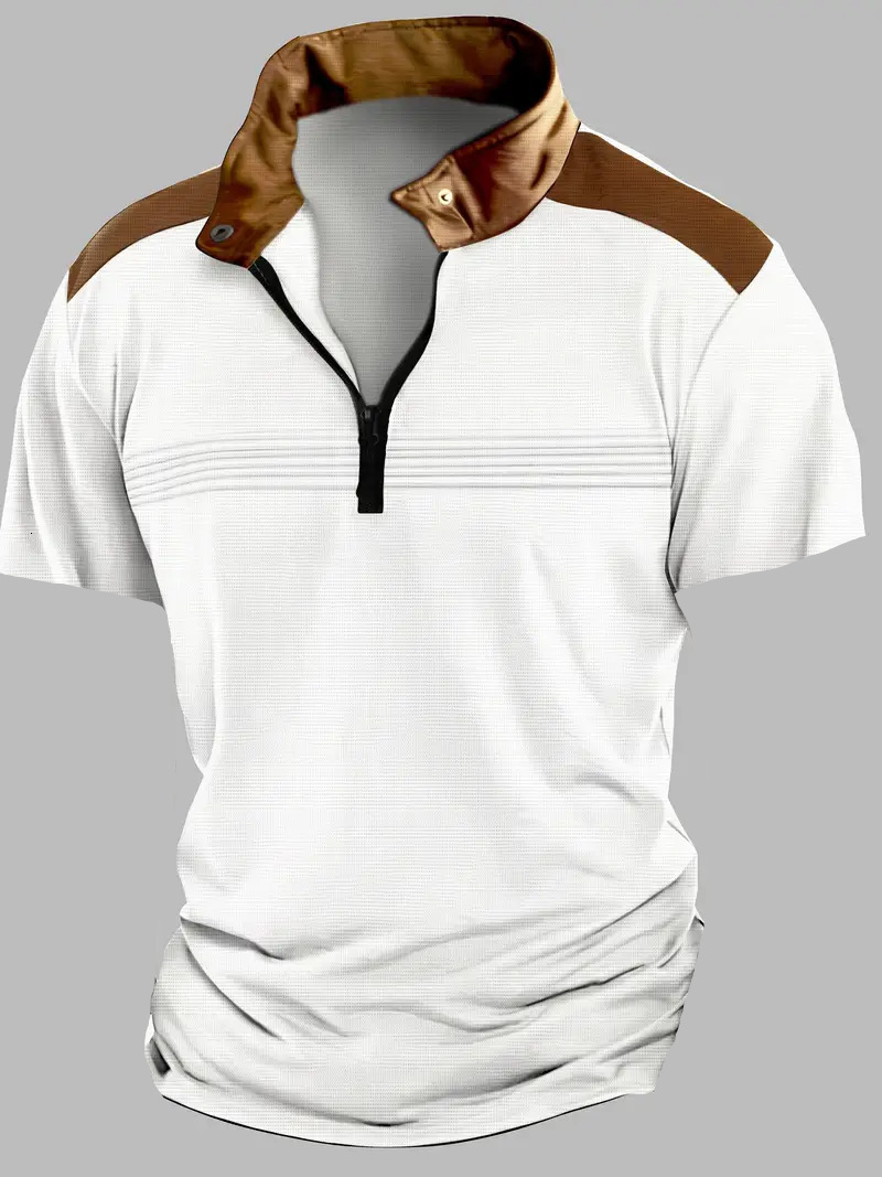 Summer new spliced wrinkled mens polo shirt with zipper and short sleeved sports polo shirt
