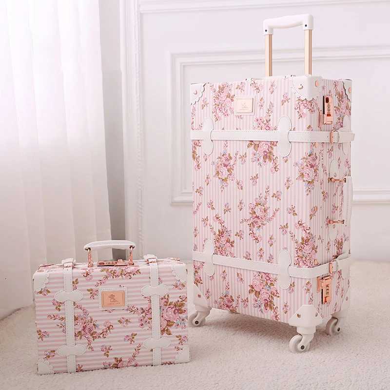 Retro Luggage Cute Cherry Blossom Pink Trolley Case Silent Spinner Wheel 20 inch Travel Cabin Suitcase 22/24/26/28 inch Set K251114