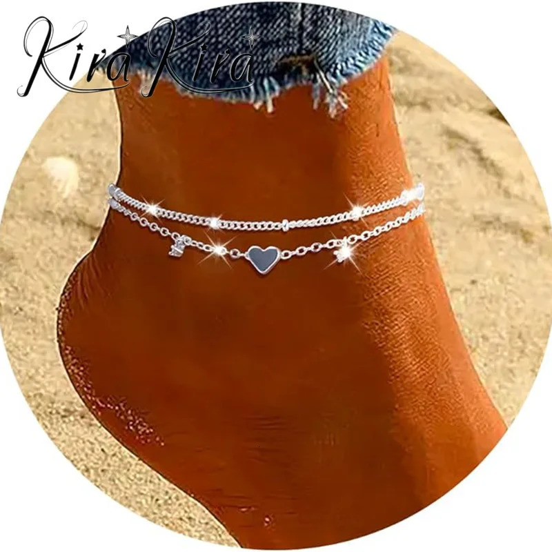 Fashionable heart-shaped zircon ankle bracelet for women waterproof and simple heart-shaped 250408