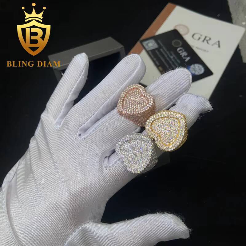 925 Sterling Silver Moissanite Rings Heart Shape Ring Iced Out Moissanite Hip Hop Jewelry High Quality Diamond Pass Diamond Test