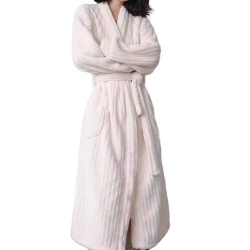 Belt Robe for Women Sleepwear Winter Nightdress Night Wear Warm Fleece Pajama V-neck One Piece Nightgown Solid Sleeping Homewear C251115