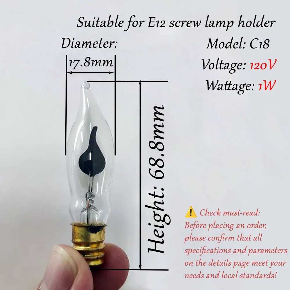6 packs C18 Flame Bulb 120V 1W E12 Screw Base - apply to Dancing Tail Effect Bulbs for Chandeliers/Christmas Lights 1000Hrs C251115