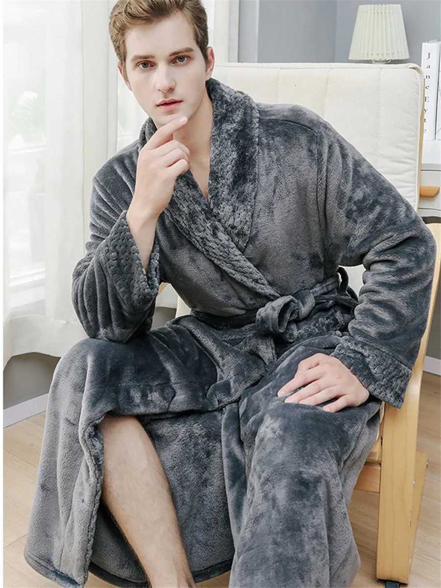 Autumn Winter Bath Robe Dressing Gown Men Thick Warm Flannel Long Bathrobe Mens Cozy Robes Kimono Sleepwear Homewear Loungewear C251115